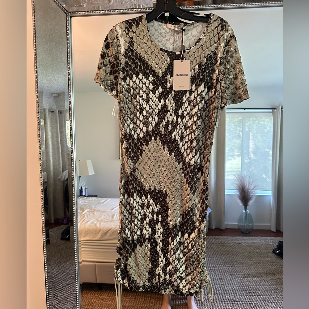 Roberto Cavalli Snake Print Dress in Black and Cream